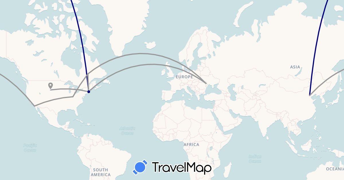 TravelMap itinerary: driving, plane in Canada, China, Moldova, United States (Asia, Europe, North America)
